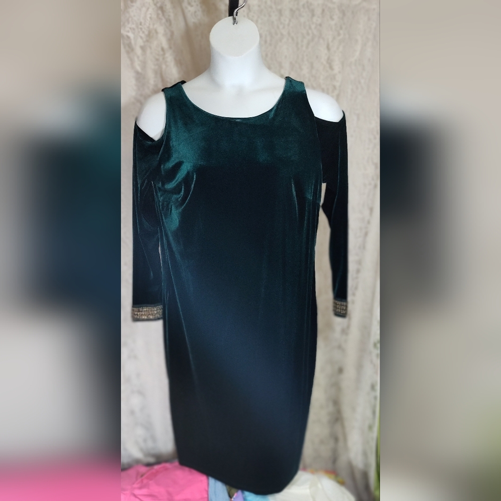 Holiday Perfect Green Velvet Cold Shoulder Dress Gold Beaded At Cuffs